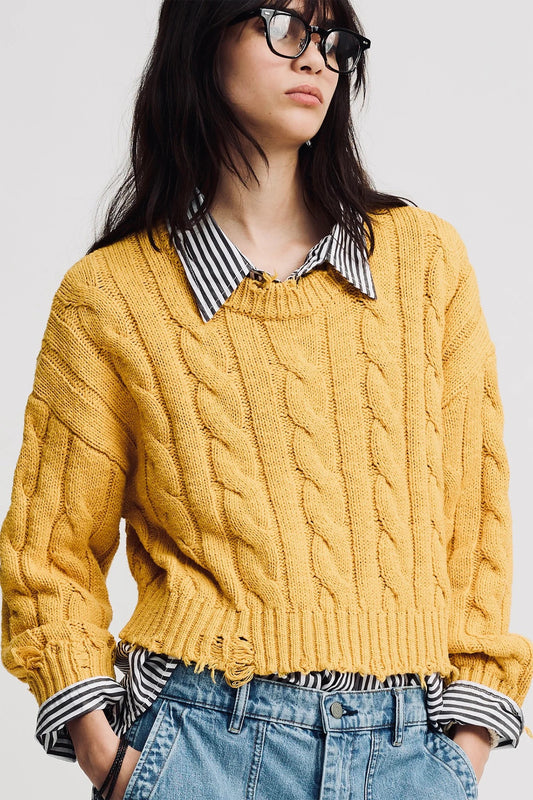 Denemist Cropped Cable Crewneck Sweater -Yellow