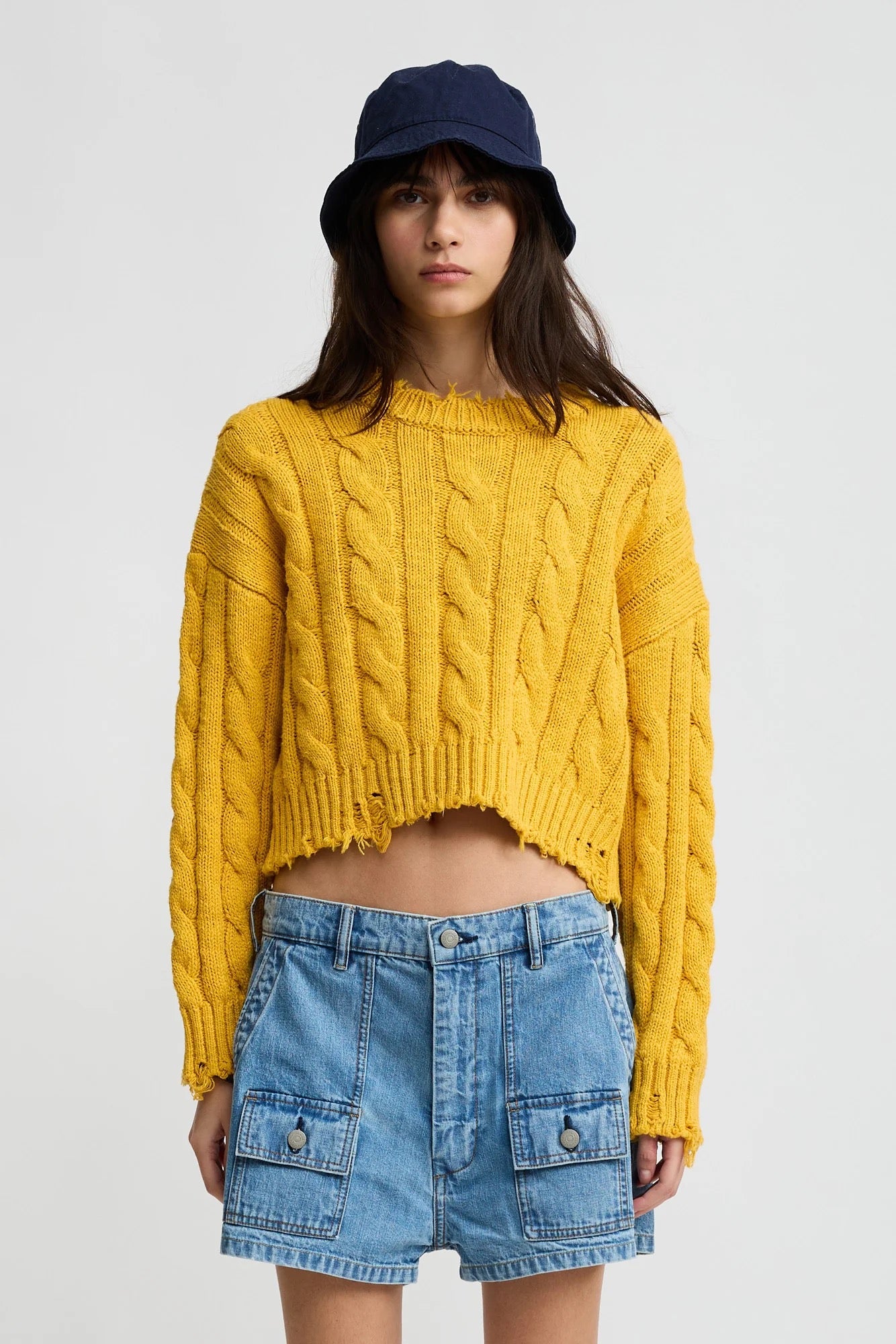 Denemist Cropped Cable Crewneck Sweater -Yellow