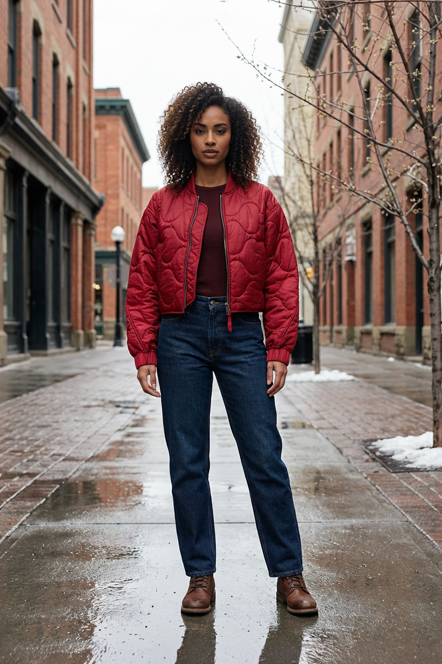 Woman wearing a red puffer jacket on a city street