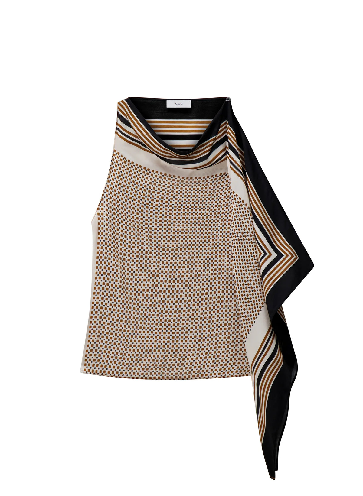 A.L.C. Kit Scarf Print Asymmetric Top in Black / Caramel Dotted