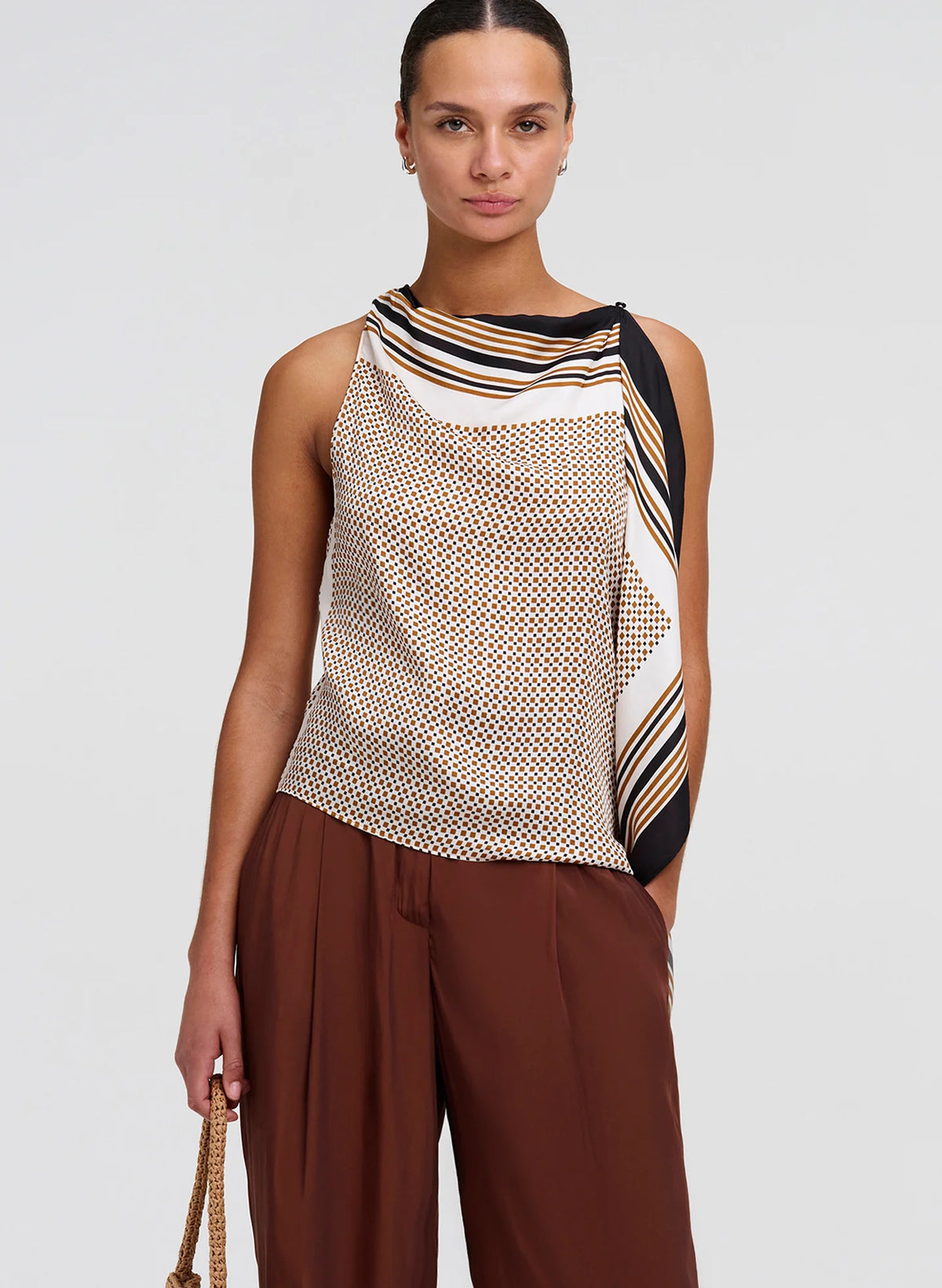 A.L.C. Kit Scarf Print Asymmetric Top in Black / Caramel Dotted