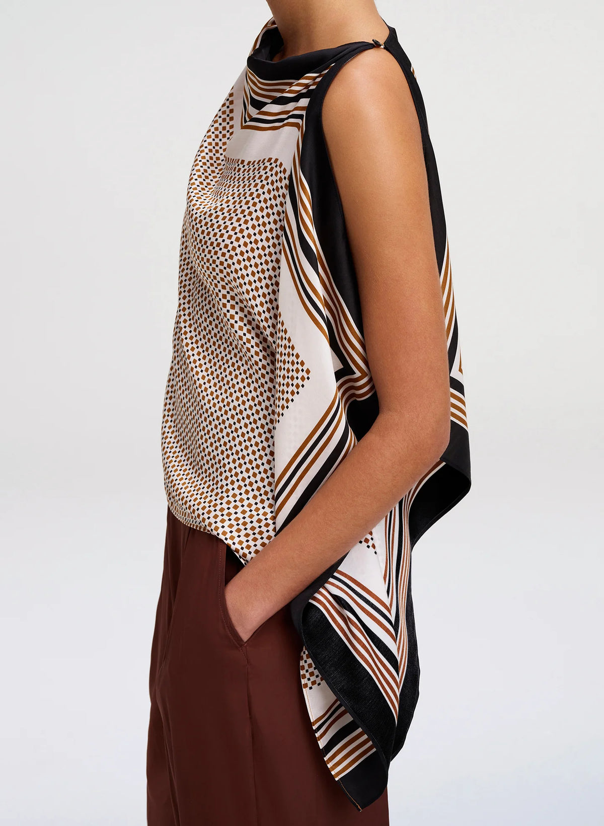 A.L.C. Kit Scarf Print Asymmetric Top in Black / Caramel Dotted