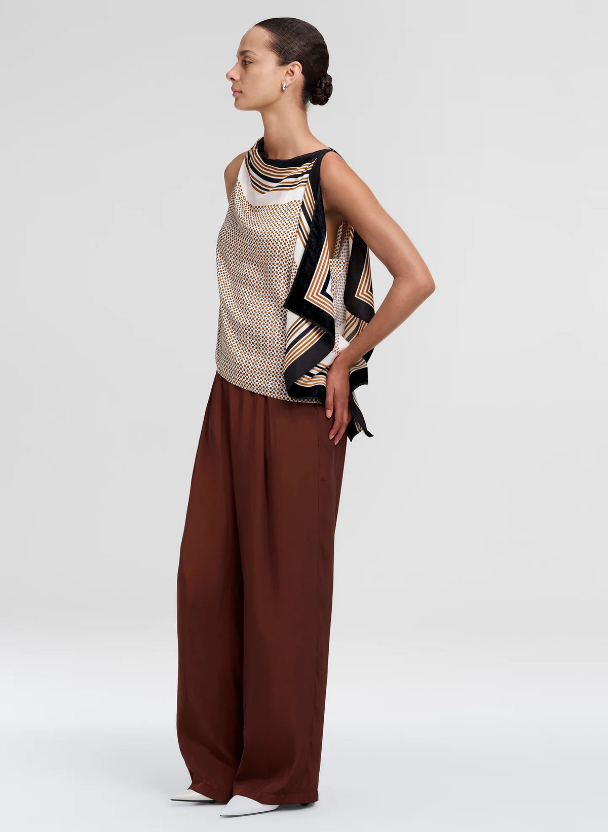 A.L.C. Kit Scarf Print Asymmetric Top in Black / Caramel Dotted