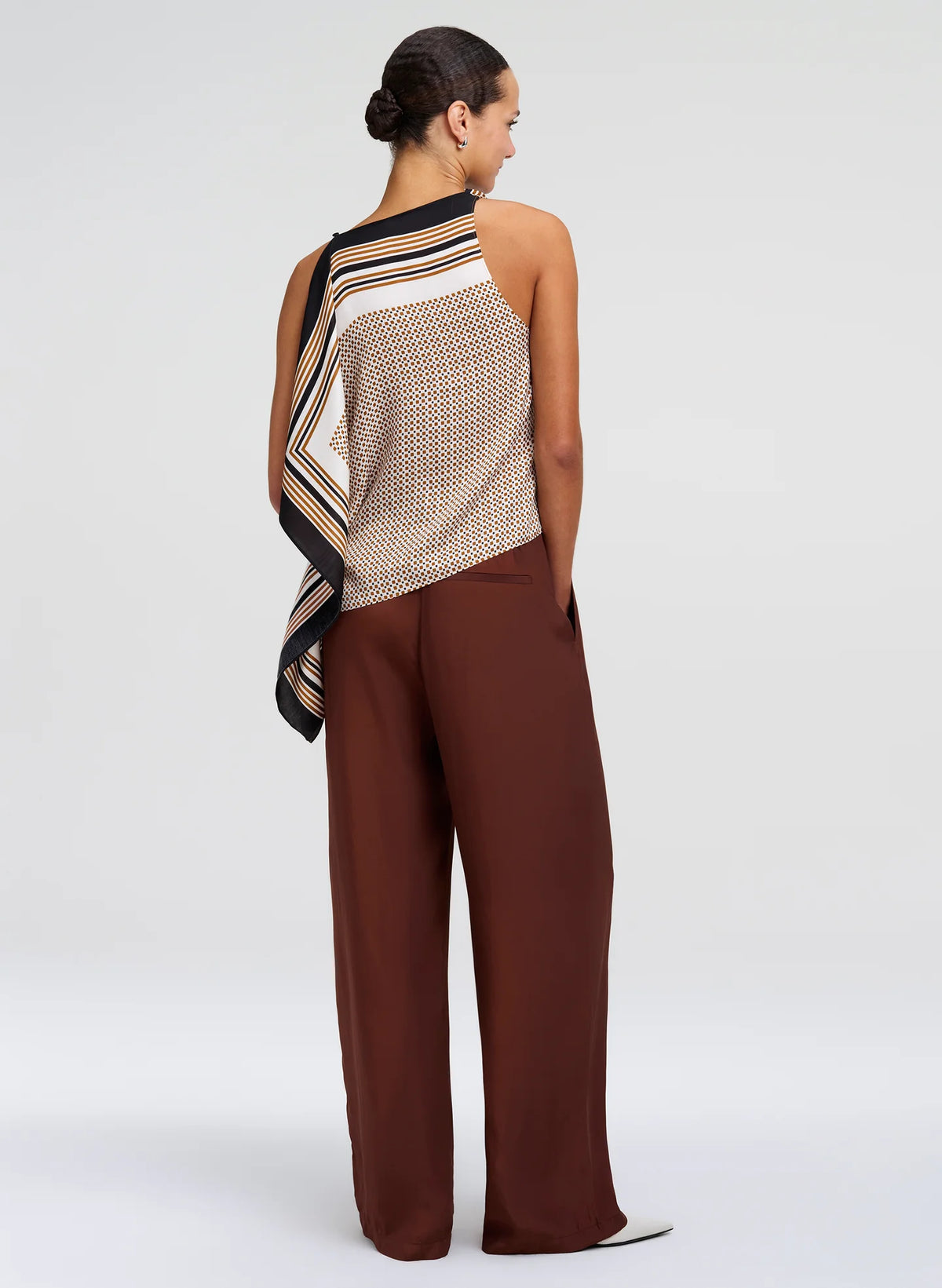 A.L.C. Kit Scarf Print Asymmetric Top in Black / Caramel Dotted