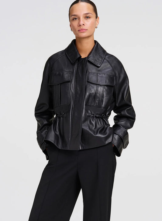 A.L.C. Maeve Leather Jacket in Black, black lamb leather — front view on model