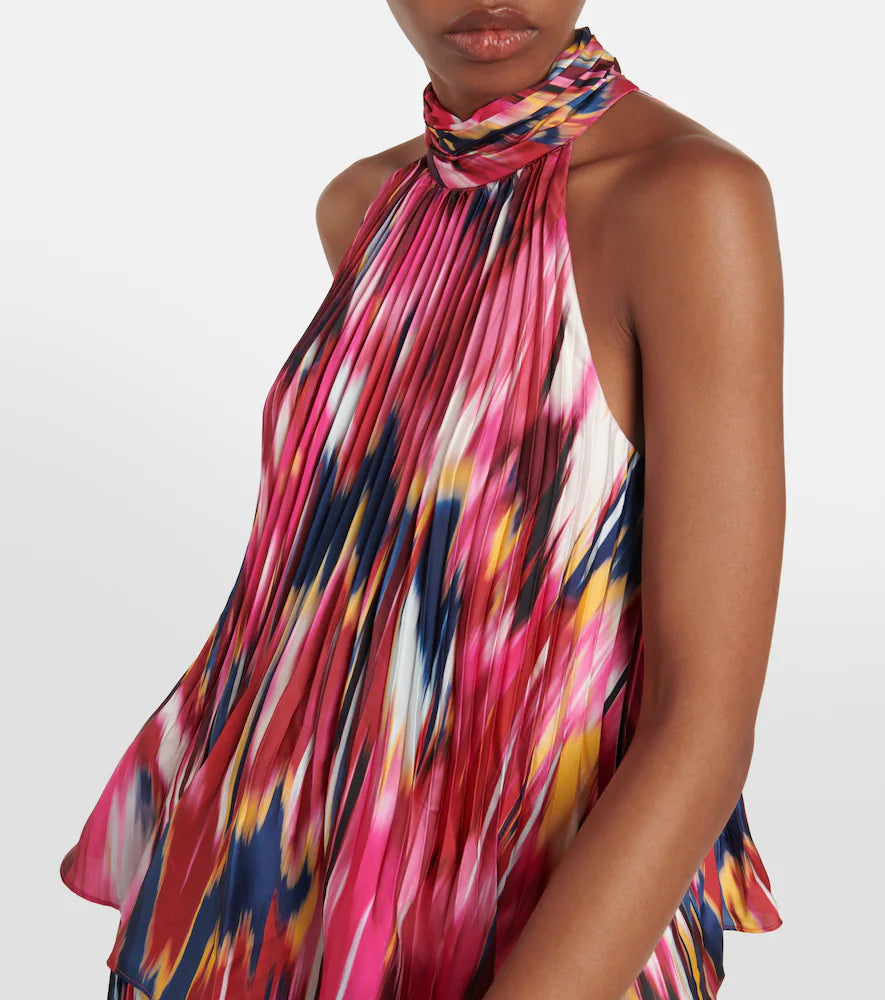 Front close view of the Simkhai Yasenia plissé top in Amaranth Abstract with a tie halter neck