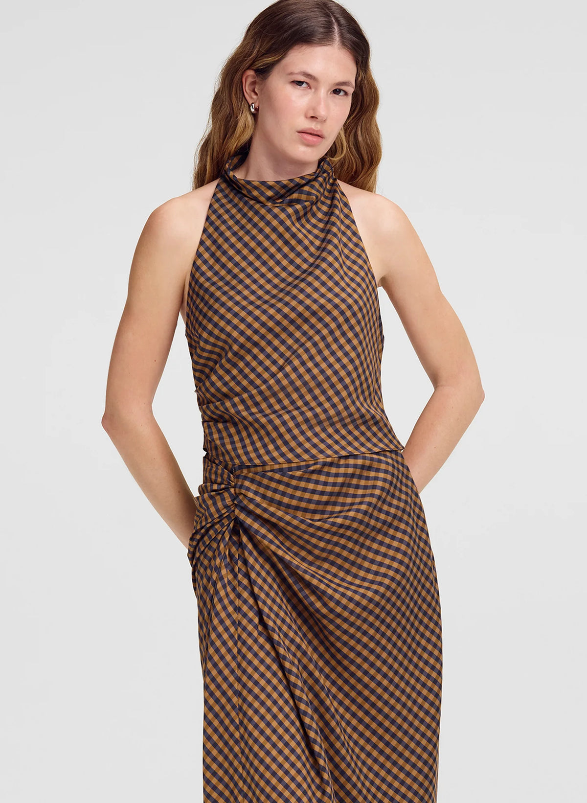 A.L.C. Penelope Check Top in Pecan / Navy