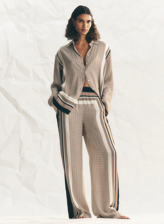 A.L.C. Tyler Scarf Print Pant in Black and Caramel Dotted, front view on model worn with the matching scarf print shirt