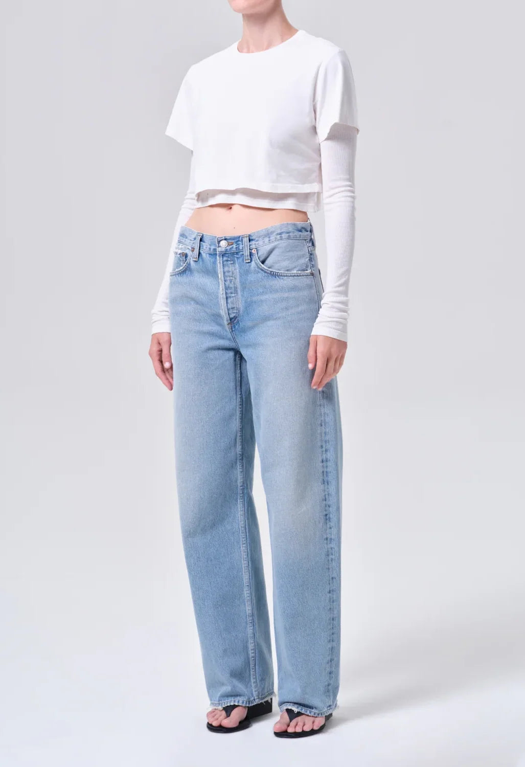 AGOLDE Romily Tee in White Ash, full-length front view on model, worn with wide-leg jeans