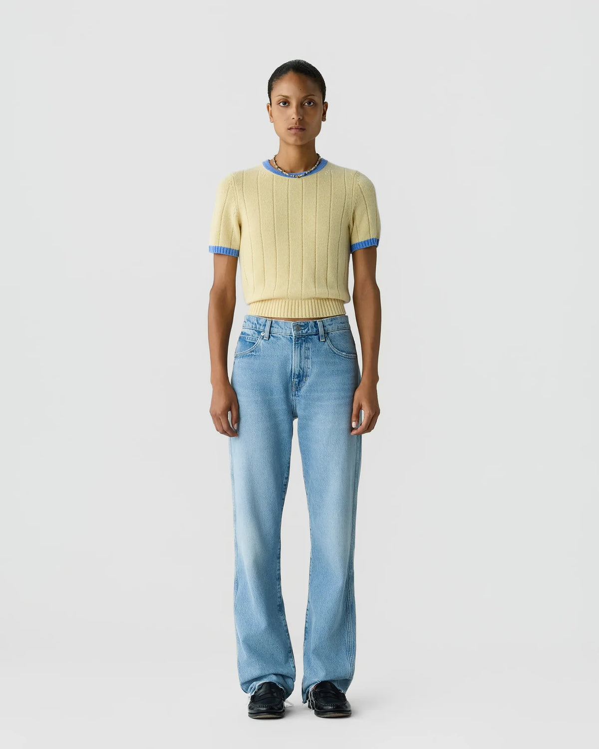 Guest in Residence Rib Ringer Tee in Butter / Delft Blue