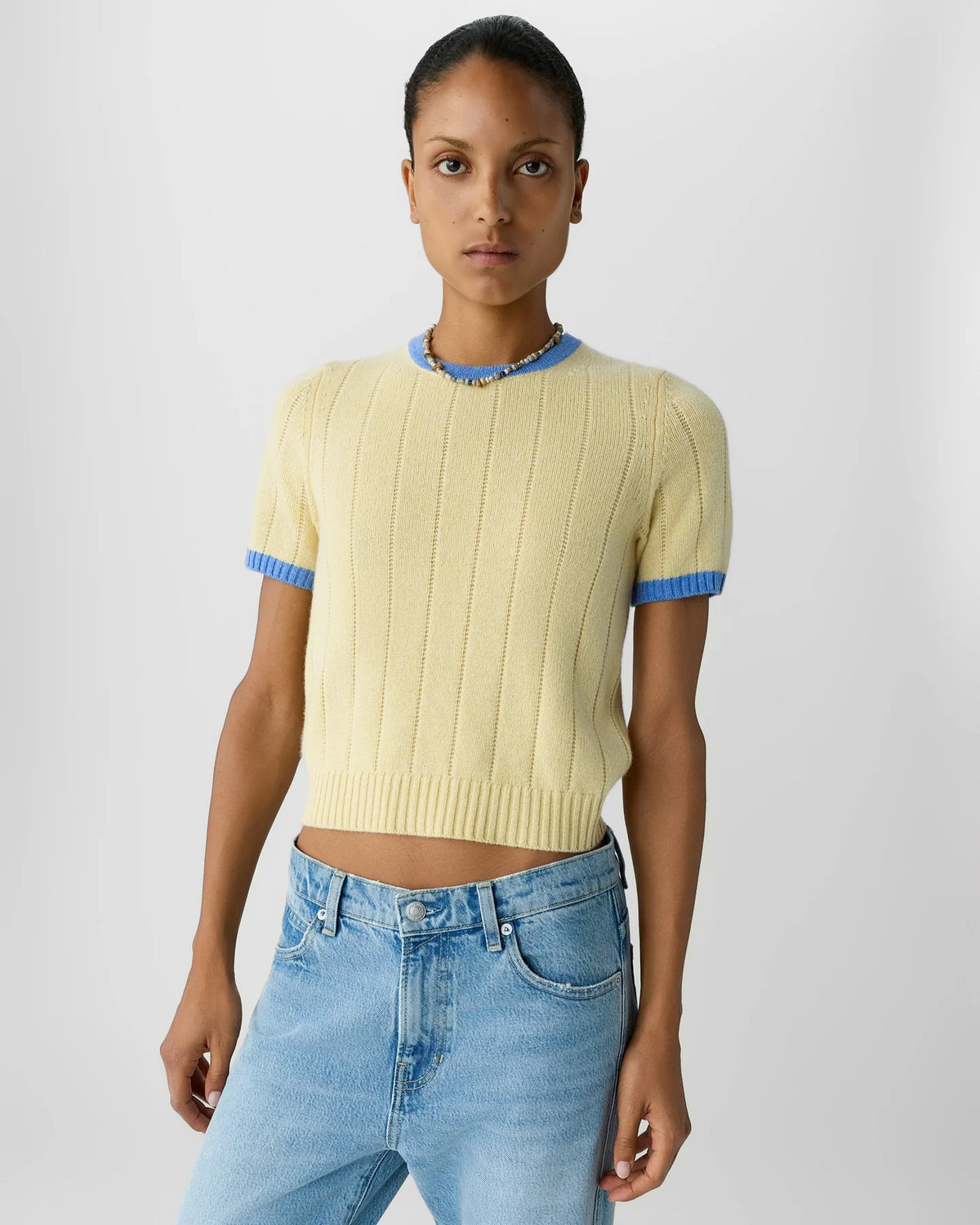 Guest in Residence Rib Ringer Tee in Butter / Delft Blue