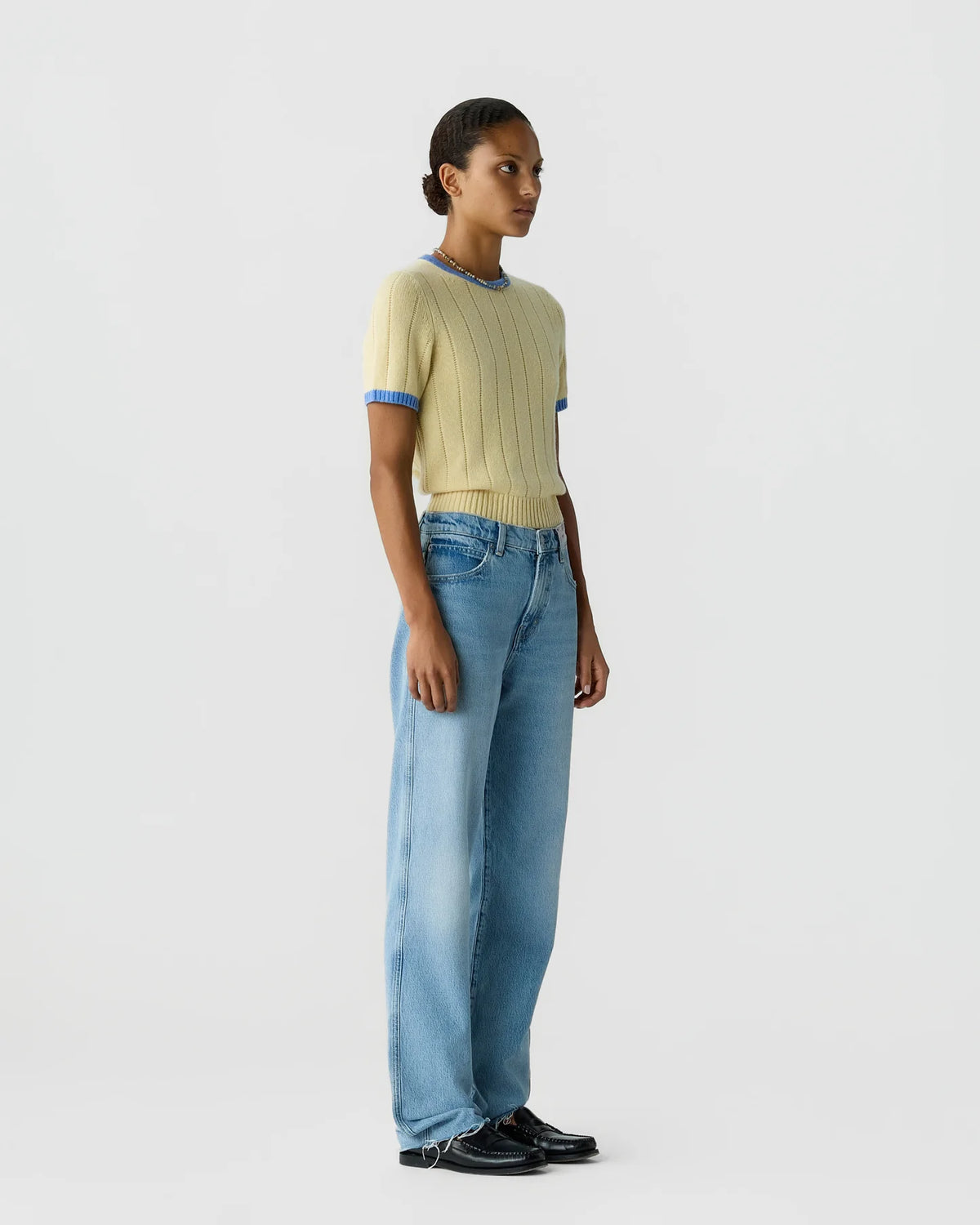 Guest in Residence Rib Ringer Tee in Butter / Delft Blue