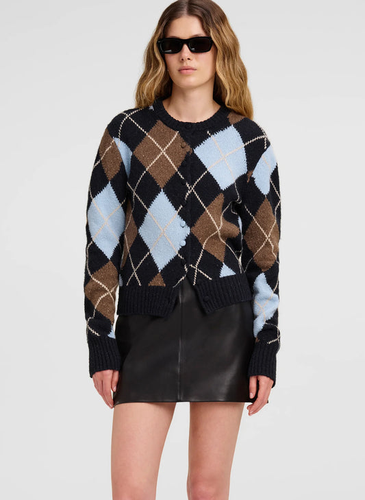 A.L.C. Skyler Argyle Cardigan in Sky Blue Combo, front view on model