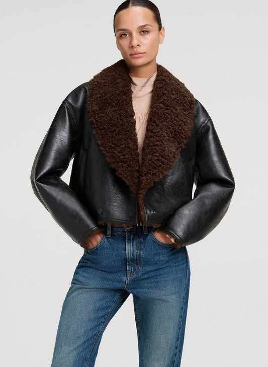 A.L.C. Stella Faux Shearling Jacket in Deepest Brown / Pilot Brown, dark brown — front view on model