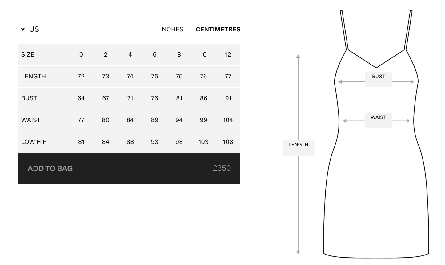 Sizing chart and dress measurement diagram showing US size numbers, length, bust, waist, and low hip measurements in inches and centimeters, alongside a simple line drawing of a camisole dress with measurement callouts.