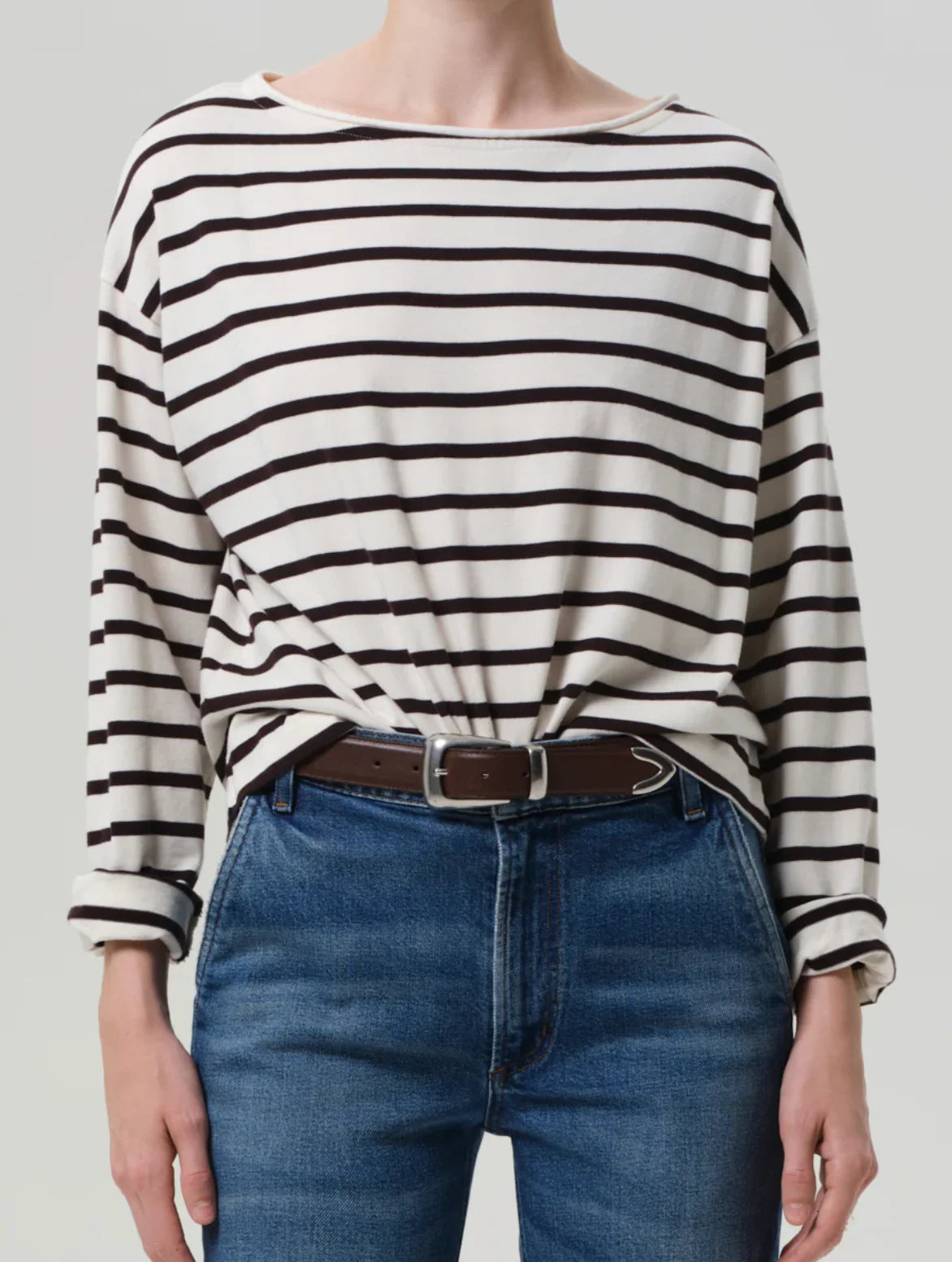 Citizens of Humanity Boat Neck Long Sleeve Top in Chocolate Stripe