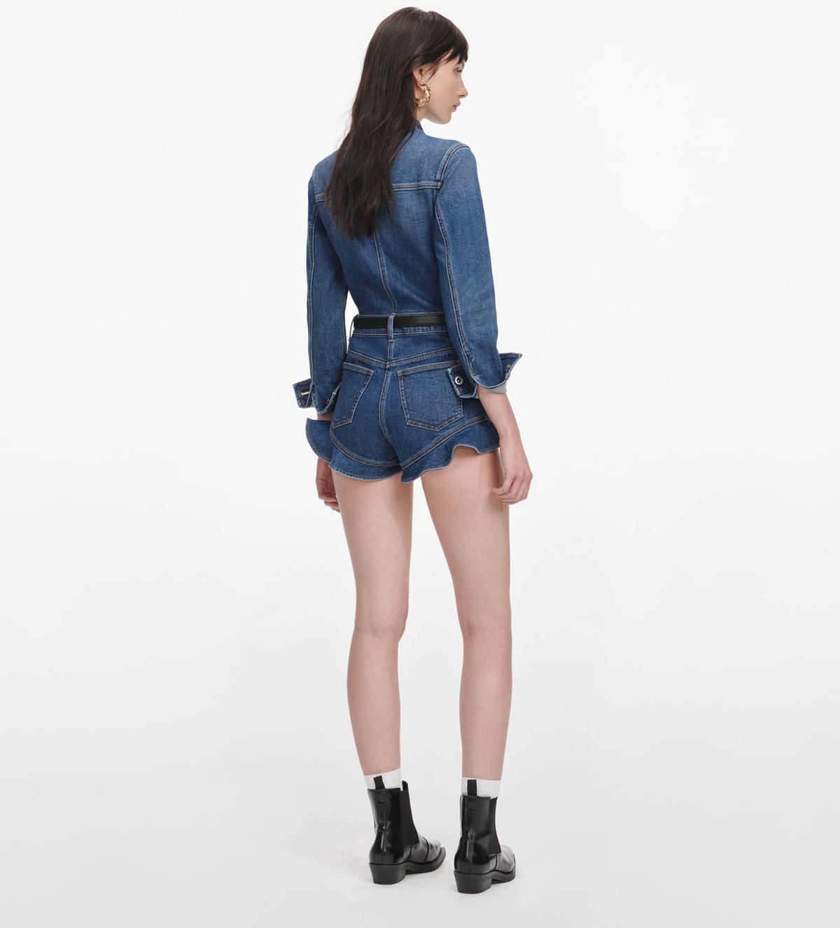 Self-Portrait denim frill playsuit in medium indigo wash, back view