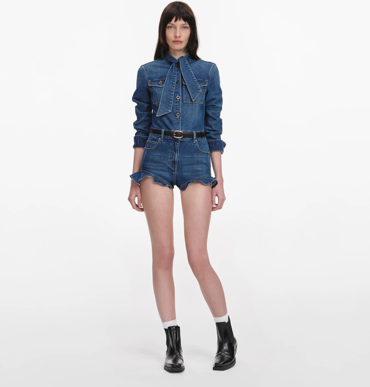 Self-Portrait denim frill playsuit in medium indigo wash, front view