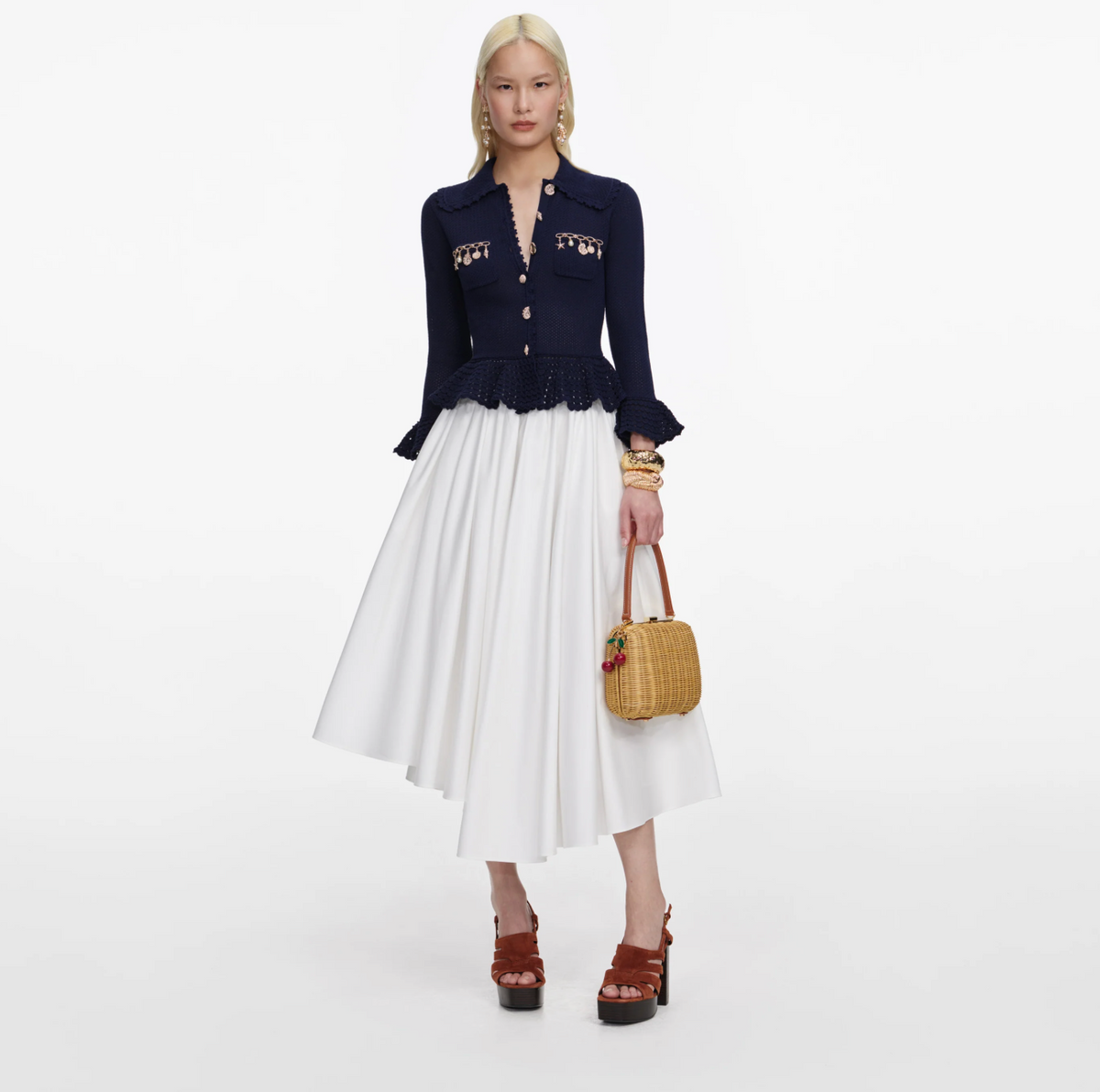 Self-Portrait shell embellished cardigan in navy, front view, worn with a white skirt