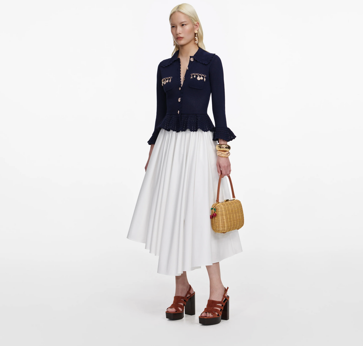 Self-Portrait shell embellished cardigan in navy, three-quarter front view
