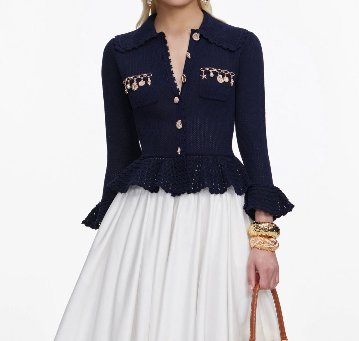 Self-Portrait shell embellished cardigan in navy, front view showing seashell charm pockets