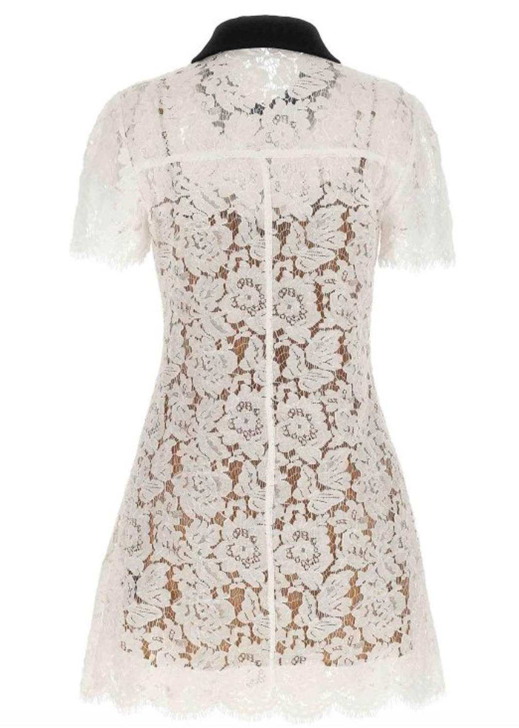 A short-sleeve lace dress or tunic shown from the back on a black mannequin torso against a plain white background. The garment features an intricate floral lace pattern in a light cream or off-white shade.