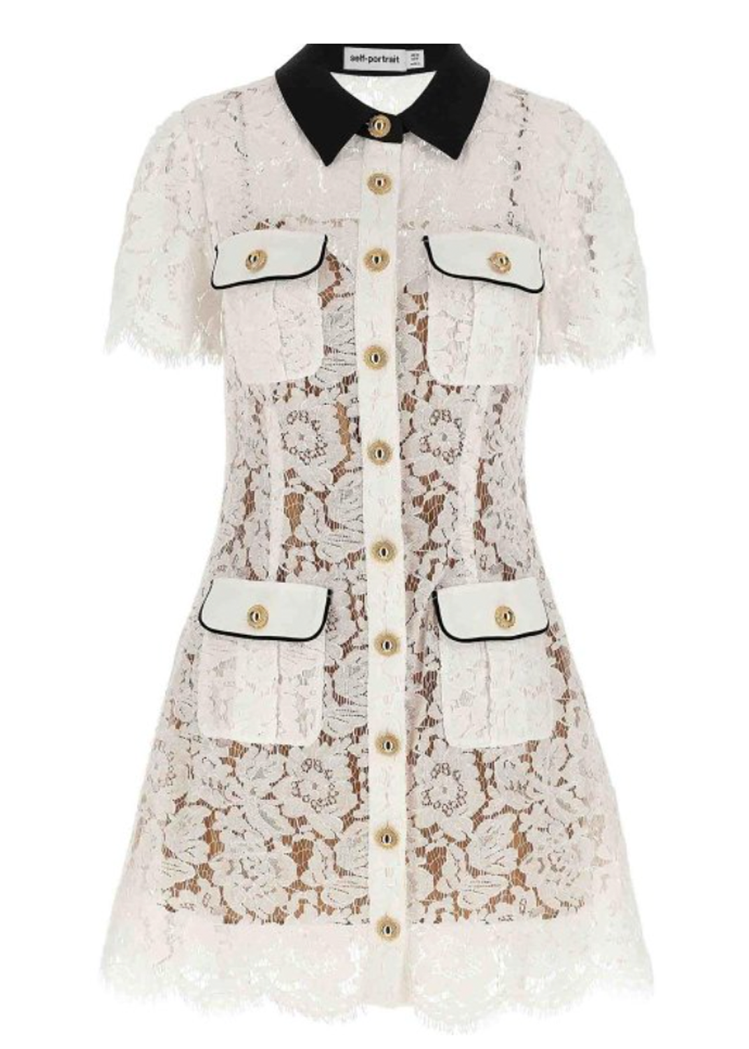 A short-sleeve lace shirt dress in off-white with a black collar, gold-tone buttons, and contrast pocket trim, shown on a plain white background.