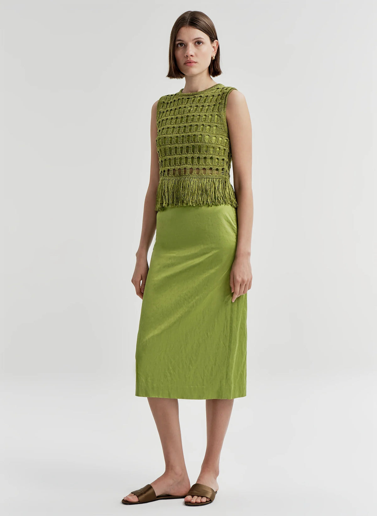 A.L.C. Phoebe Satin Midi Skirt in Meadow Green