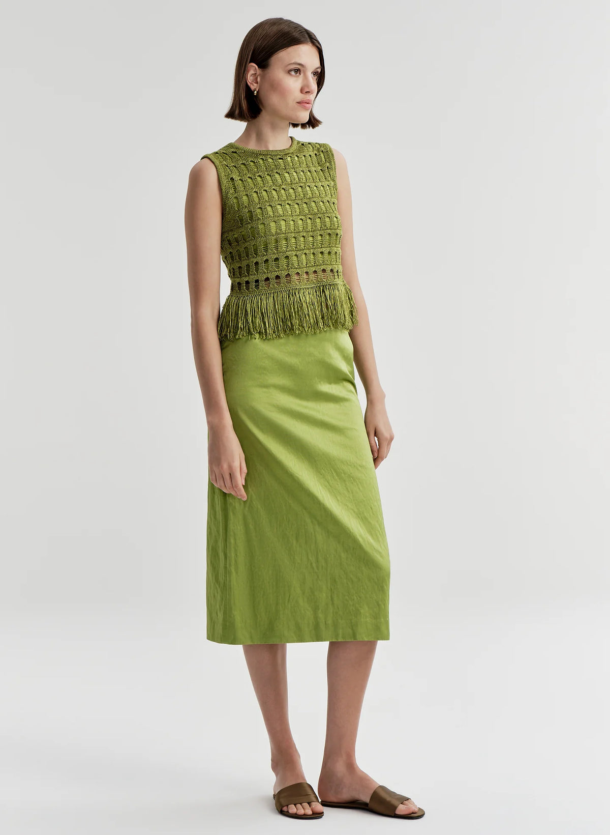 A.L.C. Phoebe Satin Midi Skirt in Meadow Green