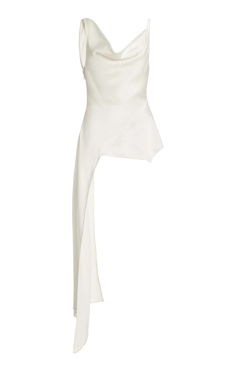 Flat view of the ivory Ronnie satin top showing the asymmetric cowl neckline and long drape panel