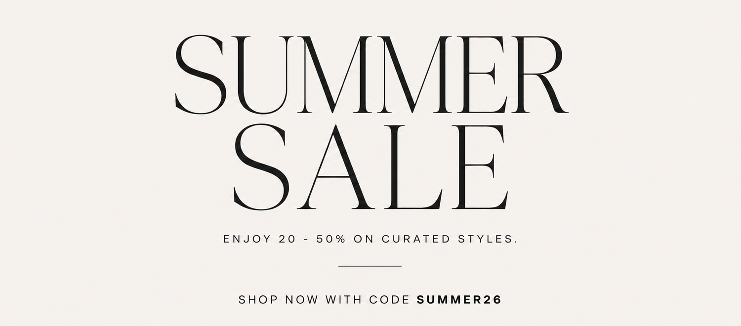 Promotional graphic with large black text reading 'SUMMER SALE' on a light warm gray background, with smaller text below offering 20-50% on curated styles and a code 'SUMMER26'.
