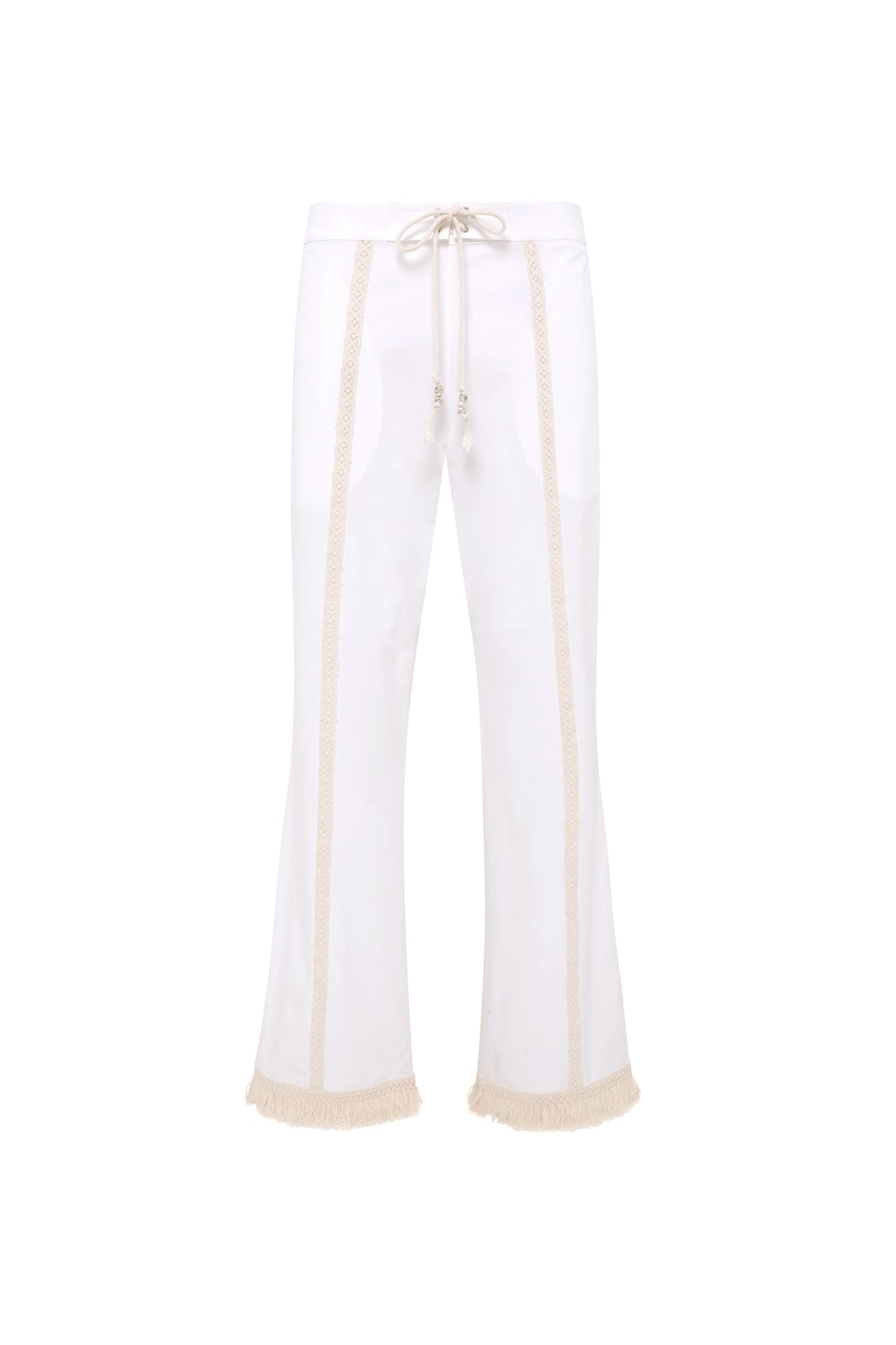 Flat front view of the white Savina pants with a drawstring waist, lace panels and fringed hem