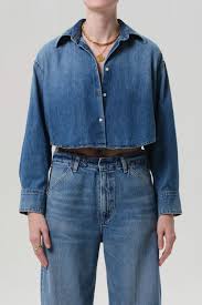 Citizens of Humanity Ana Cropped Shirt in medium indigo denim, front view worn with jeans