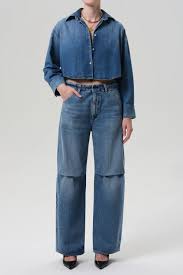 Citizens of Humanity Ana Cropped Shirt in medium indigo denim, full-length front view worn with wide-leg jeans