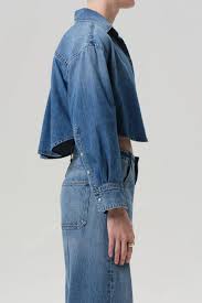 Citizens of Humanity Ana Cropped Shirt in medium indigo denim, side view showing cropped length
