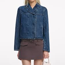 Self-Portrait double breasted denim jacket in dark indigo wash, front view