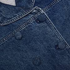Self-Portrait double breasted denim jacket in dark indigo wash, close-up of double-breasted button front and stitching