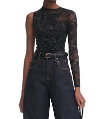 Self-Portrait Rhinestone Lace Sleeve Top in Black, front close-up of rhinestone lace sleeves