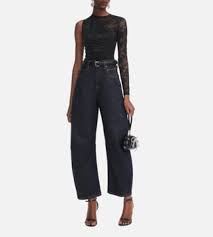 Self-Portrait Rhinestone Lace Sleeve Top in Black, front full-length view on model