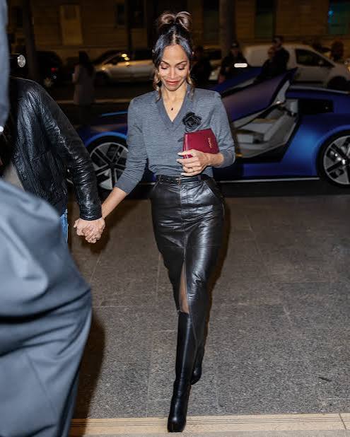 Self-Portrait grey rose jumper worn with black leather trousers, street style photo