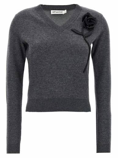Self-Portrait grey V-neck jumper with black rose detail, flat lay