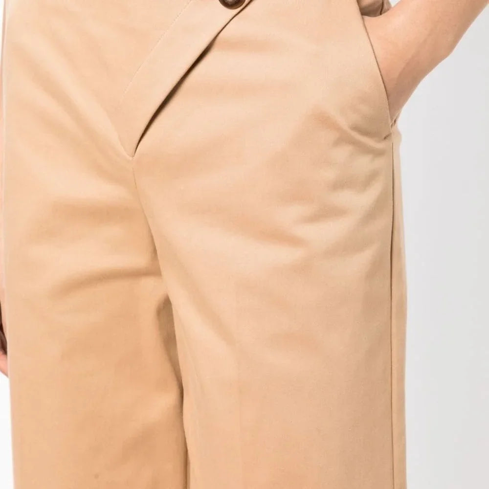Close-up of the wrap front, button and side pocket on the Rory trousers in Nutmeg