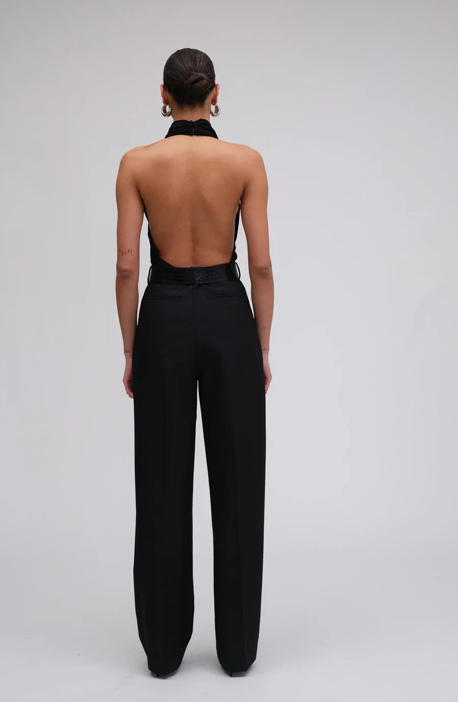 Ronny Kobo Meli Bodysuit in Jet Black, back view showing open back