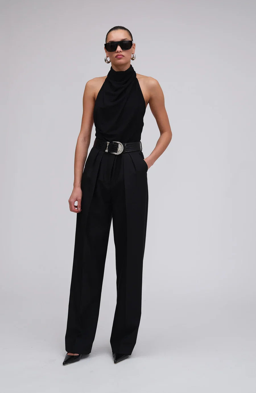 Ronny Kobo Meli Bodysuit in Jet Black, front full-length view on model