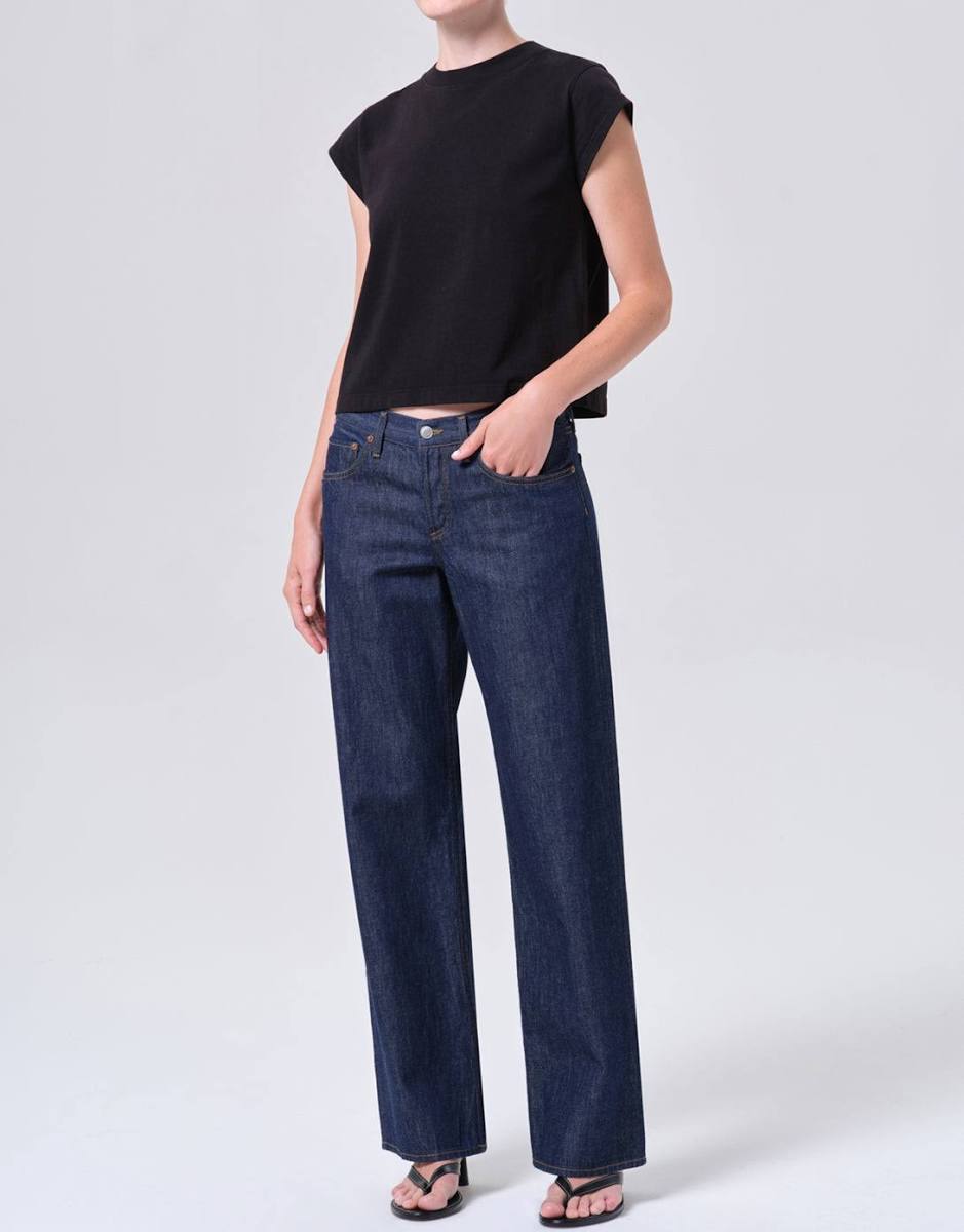 AGOLDE Bryce shoulder pad cap sleeve tee in black, full-length front view