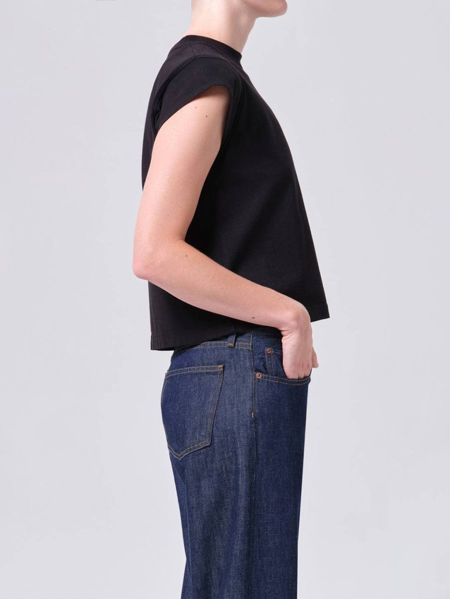 AGOLDE Bryce shoulder pad cap sleeve tee in black, side view